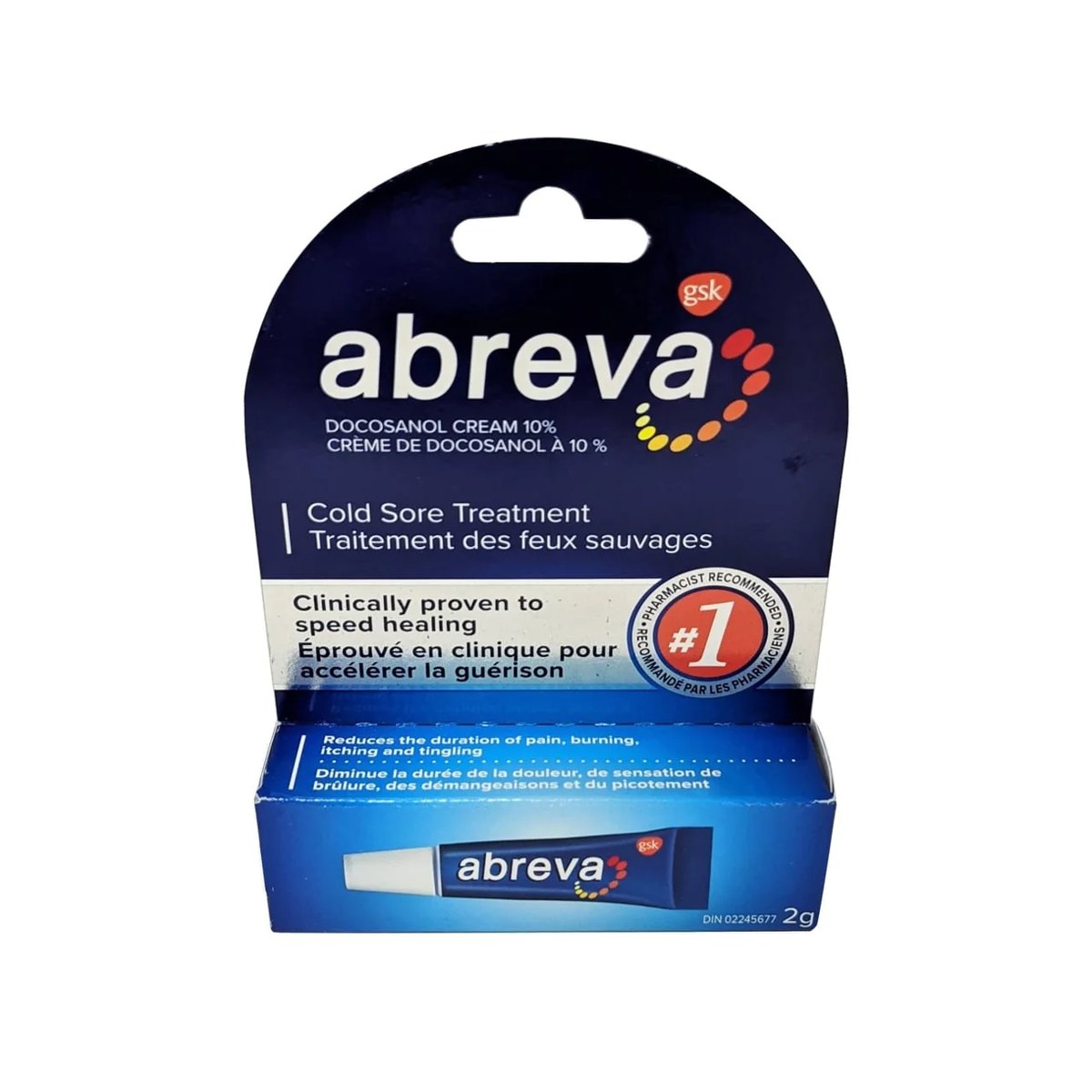 Abreva docosanol 10 percent cold sore treatment cream tube and box, over the counter antiviral