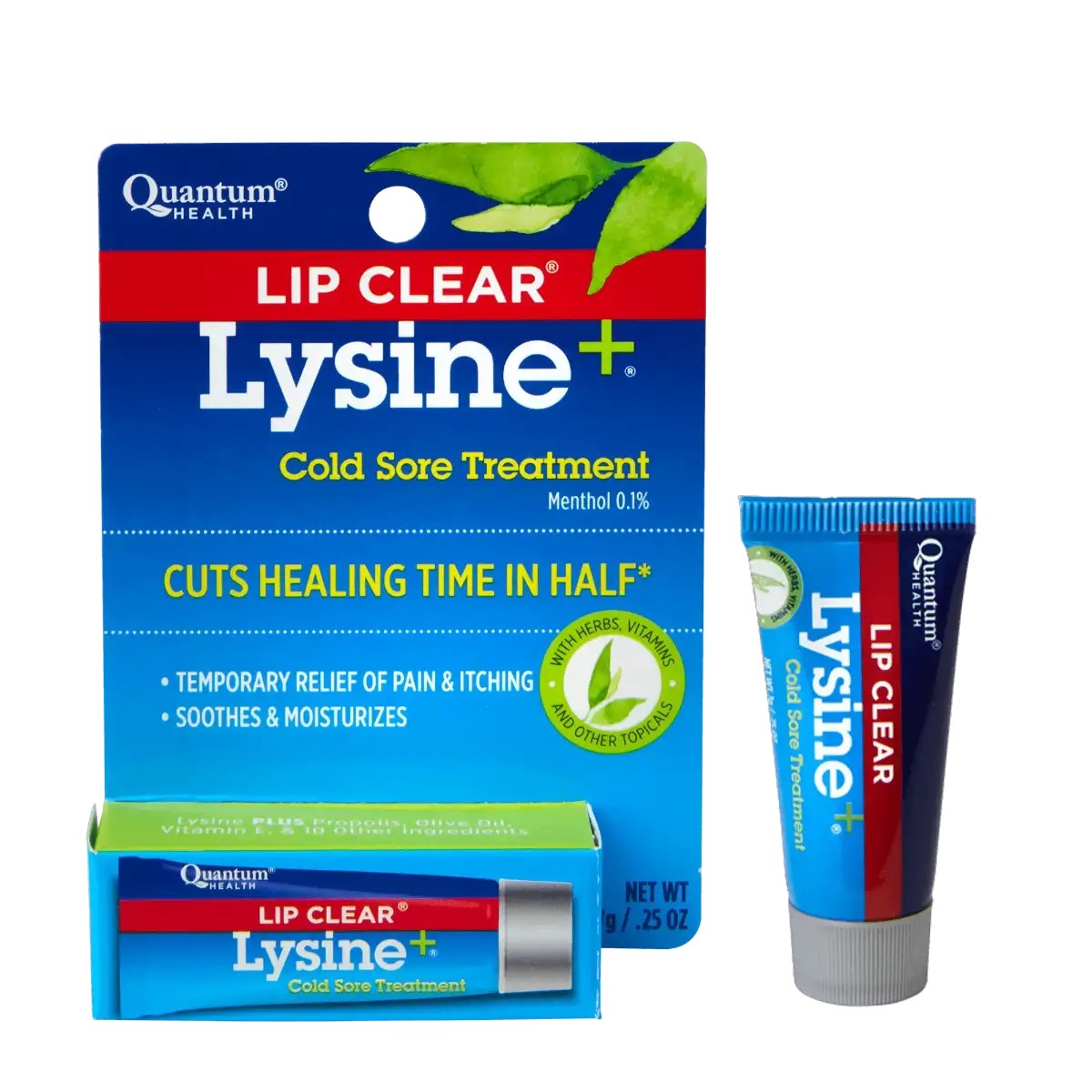 Lip Clear Lysine Plus topical cold sore ointment tube and carton, lysine and zinc lip treatment