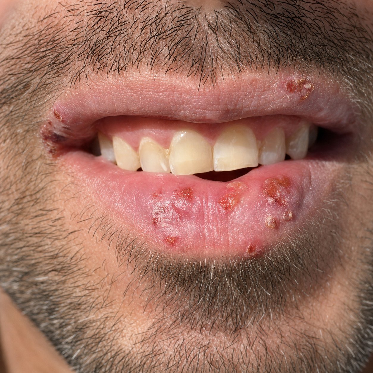 Cold sore on lower lip on day zero, multiple herpes simplex vesicles visible, male with beard