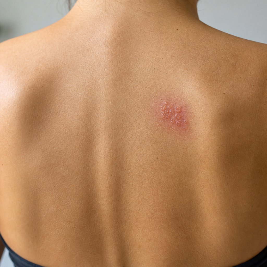 Day zero HSV vesicle cluster on the upper back near the right shoulder blade of a female endurance athlete with surrounding mild erythema