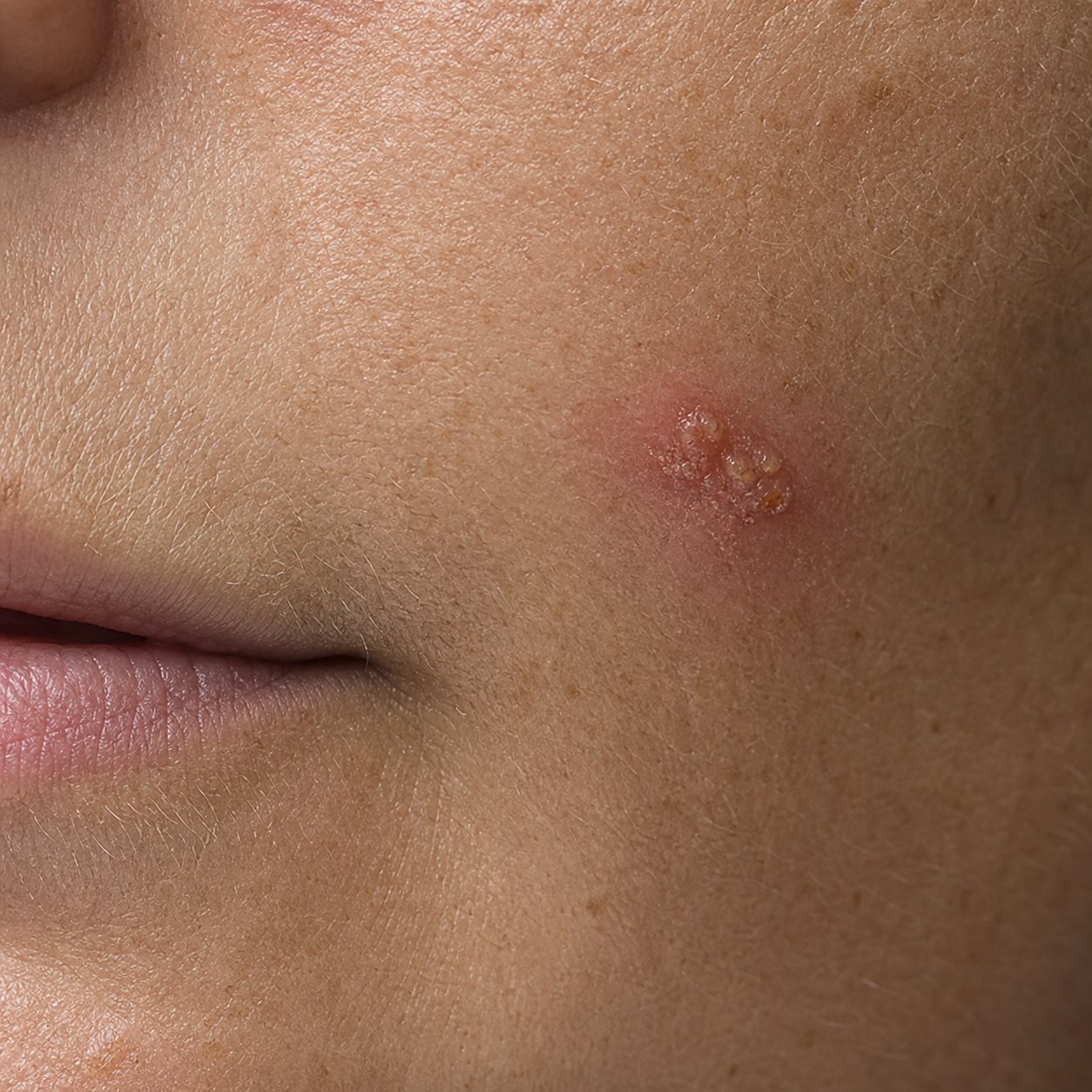 Day zero peri-oral HSV-1 lesion on a woman's cheek just outside the lip border with vesicle cluster and surrounding redness