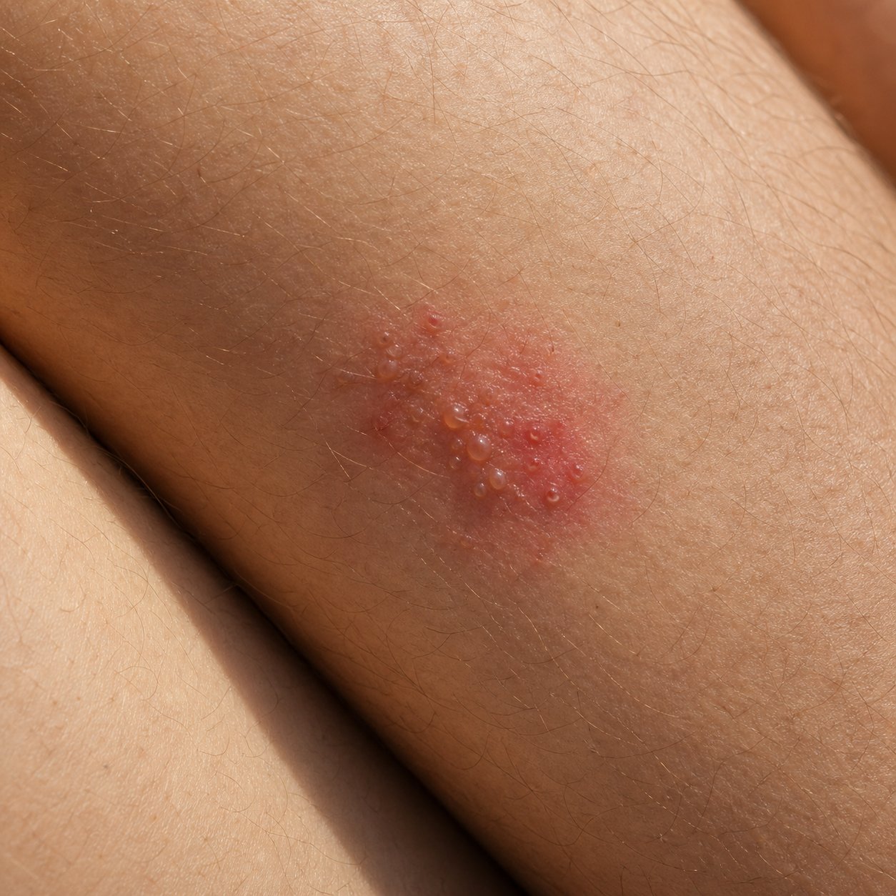 Day zero HSV vesicle cluster on a male trail runner's upper inner thigh with friction-related onset and surrounding redness