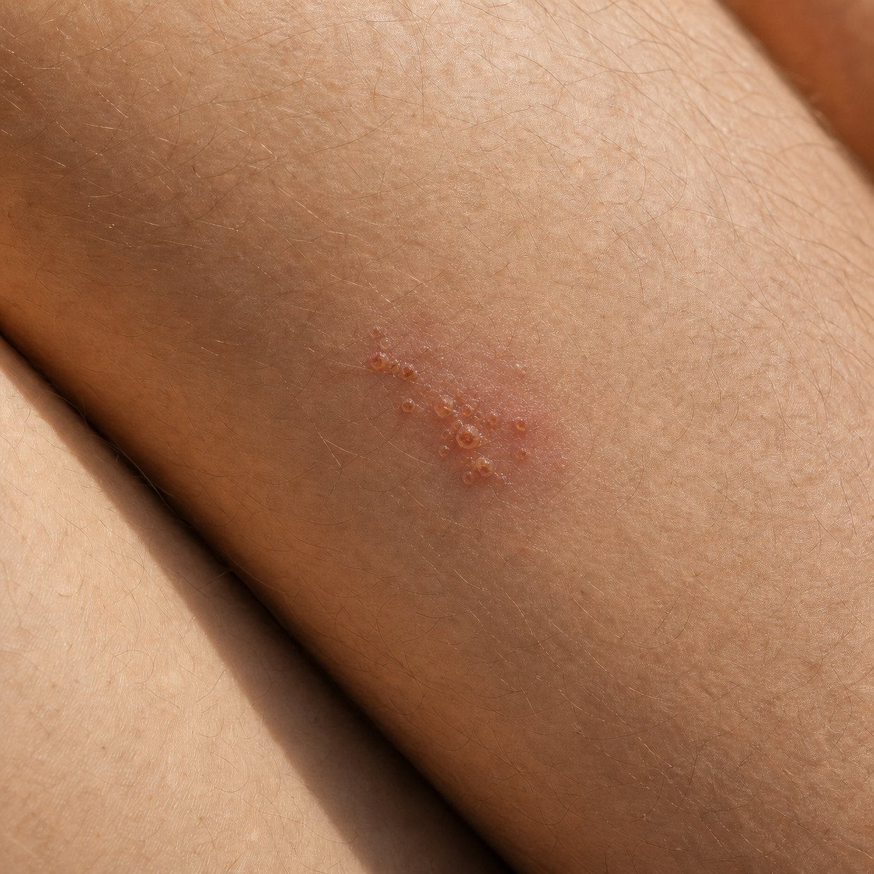 Same inner thigh 48 hours into Labisan dual protocol with smaller cluster, dried vesicles, and reduced redness