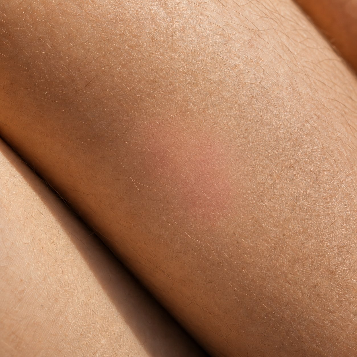 Same inner thigh 120 hours into Labisan dual protocol with crusts shed and only faint pink residual mark visible