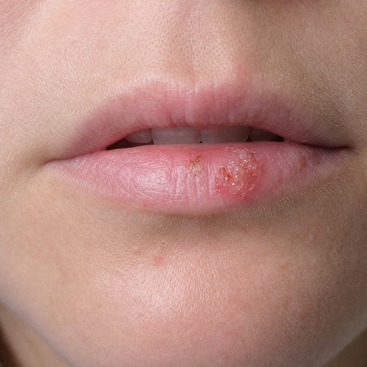 Active herpes simplex vesicle cluster on a fair-skinned woman's lower lip on day zero before Labisan Protective Lip Balm protocol