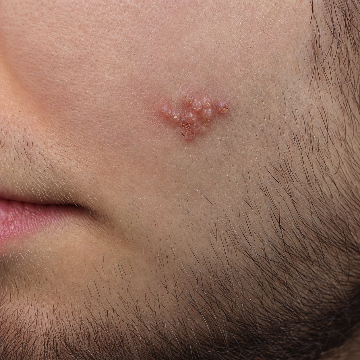 Herpes simplex lesion on the cheek just outside the lip border with clustered vesicles and crusting, day zero