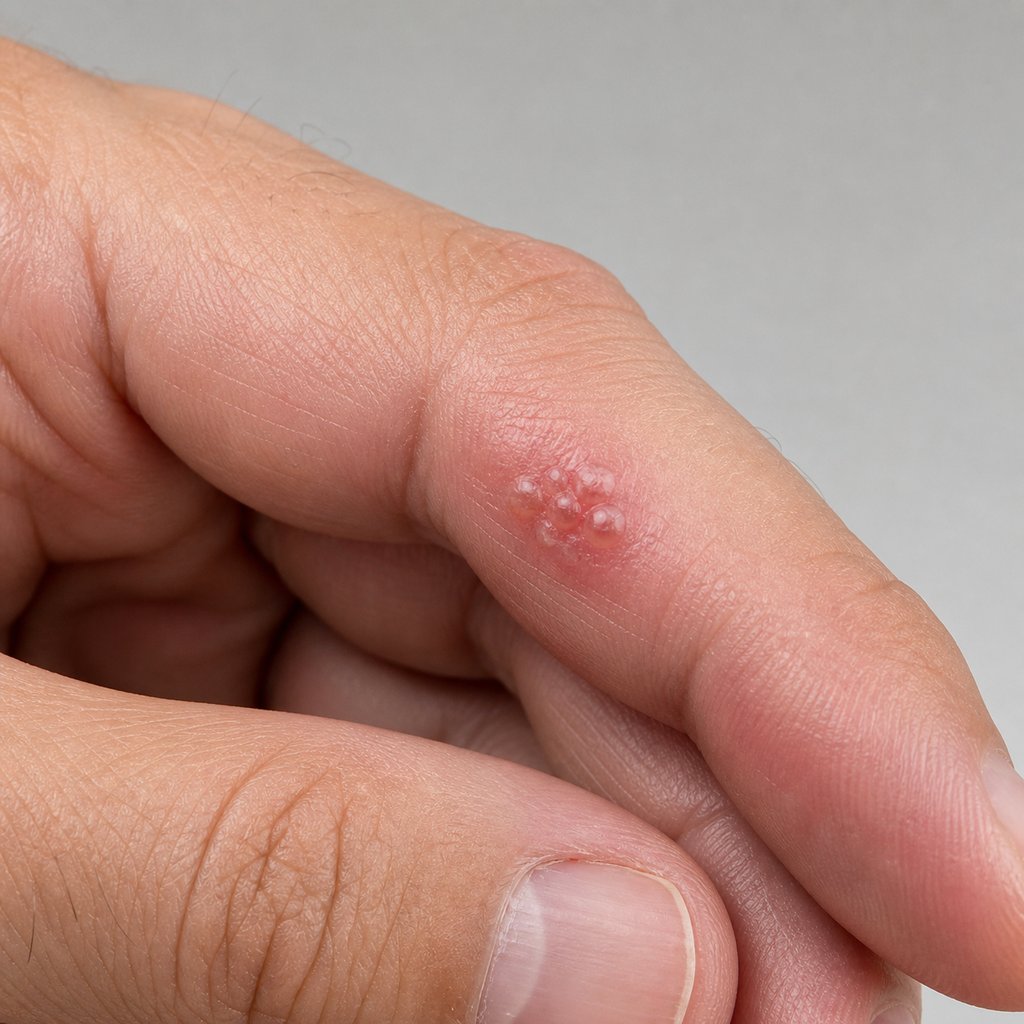 Herpetic whitlow on an adult index finger with clustered fluid-filled vesicles, day zero