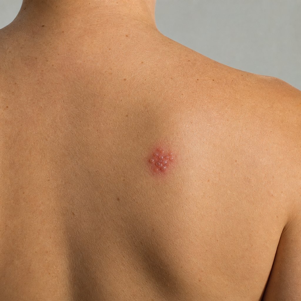 Herpes simplex vesicle cluster on the upper back near the left shoulder blade, day zero