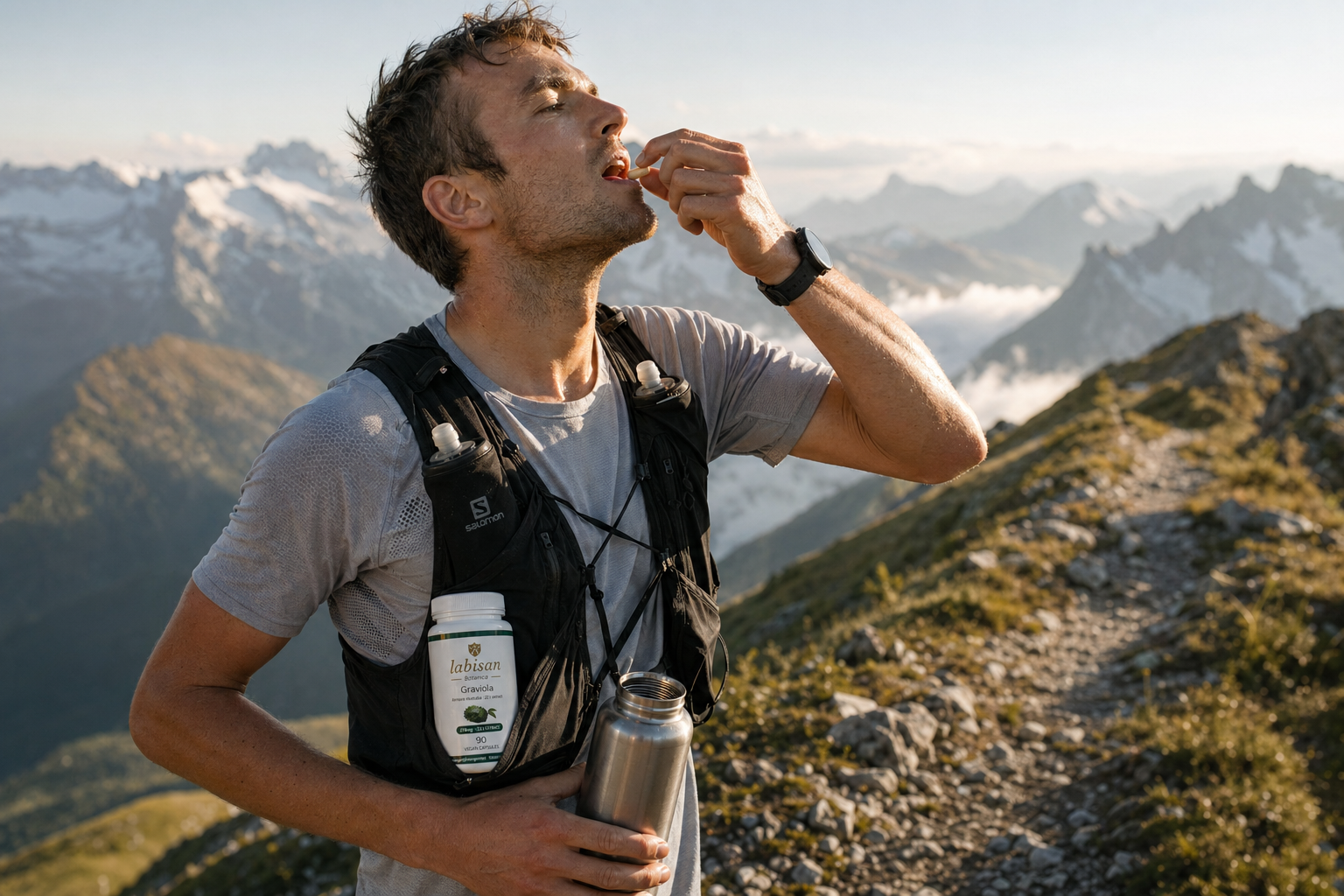 27yo trail runner with Labisan Graviola at alpine ridge viewpoint