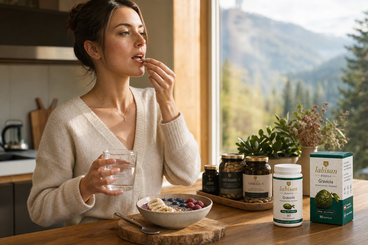 31yo woman daily wellness ritual with Labisan Graviola, smoothie bowl