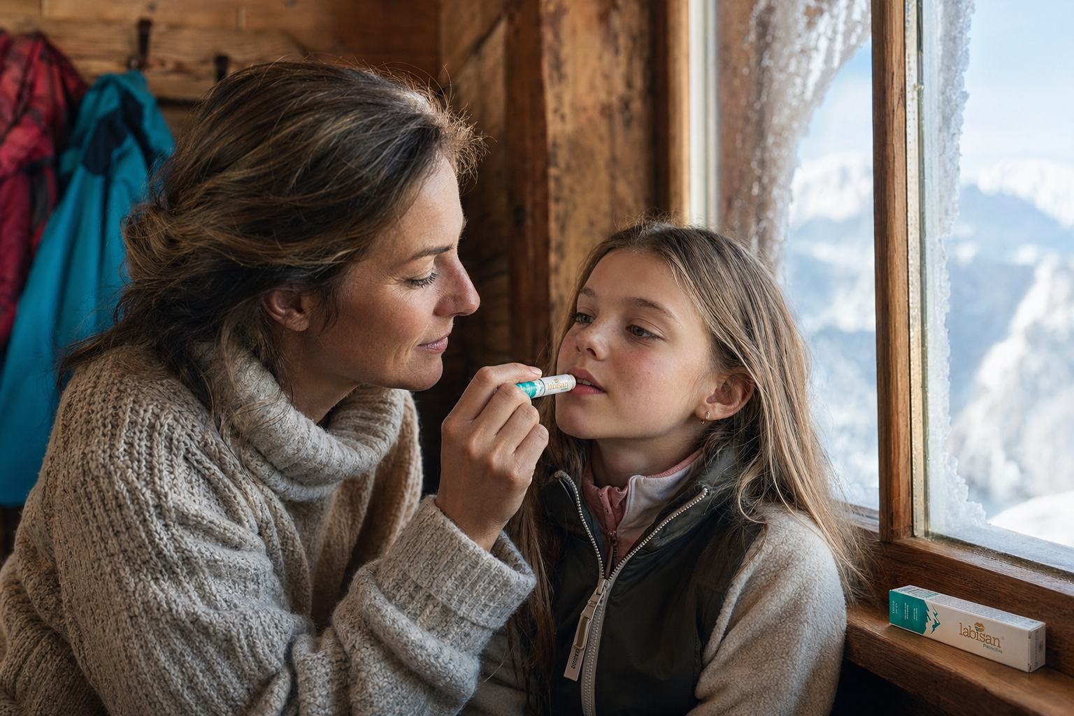 Mother applying Labisan to daughter, cabin morning ritual