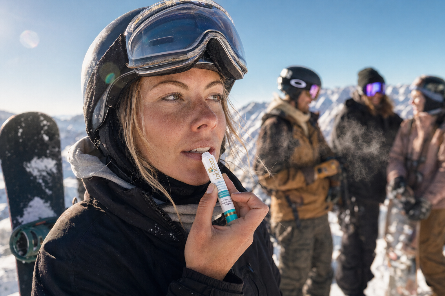 26yo woman snowboarder applying Labisan SPF lip balm, Austrian alpine terrain park