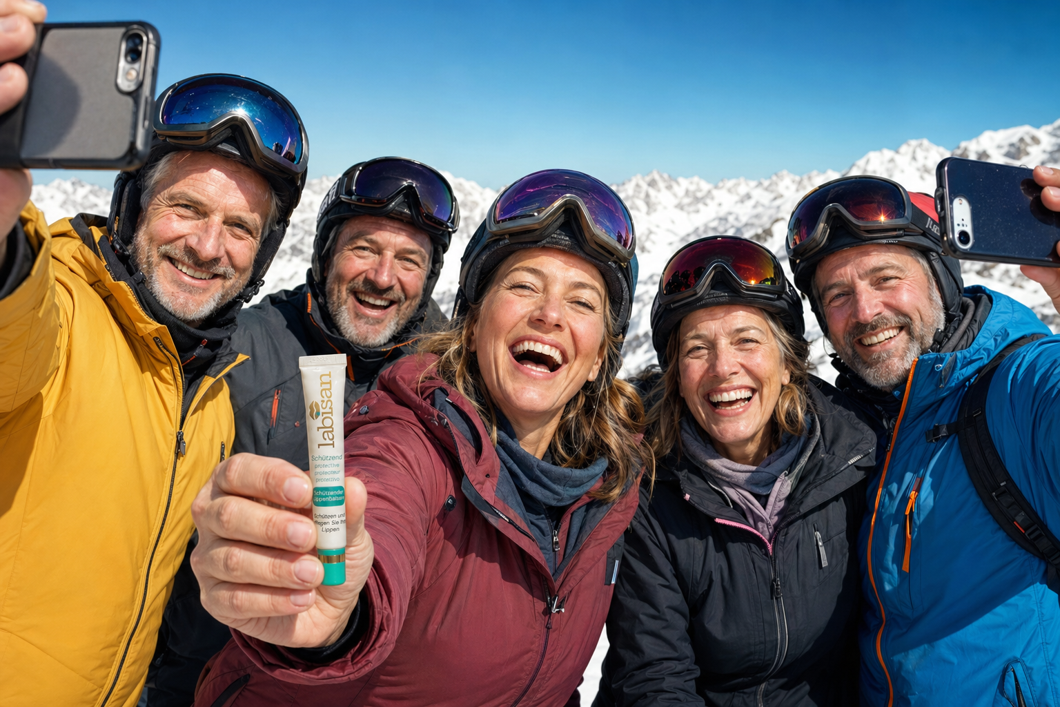 Group of friends at alpine summit, full smiles, Labisan in hand