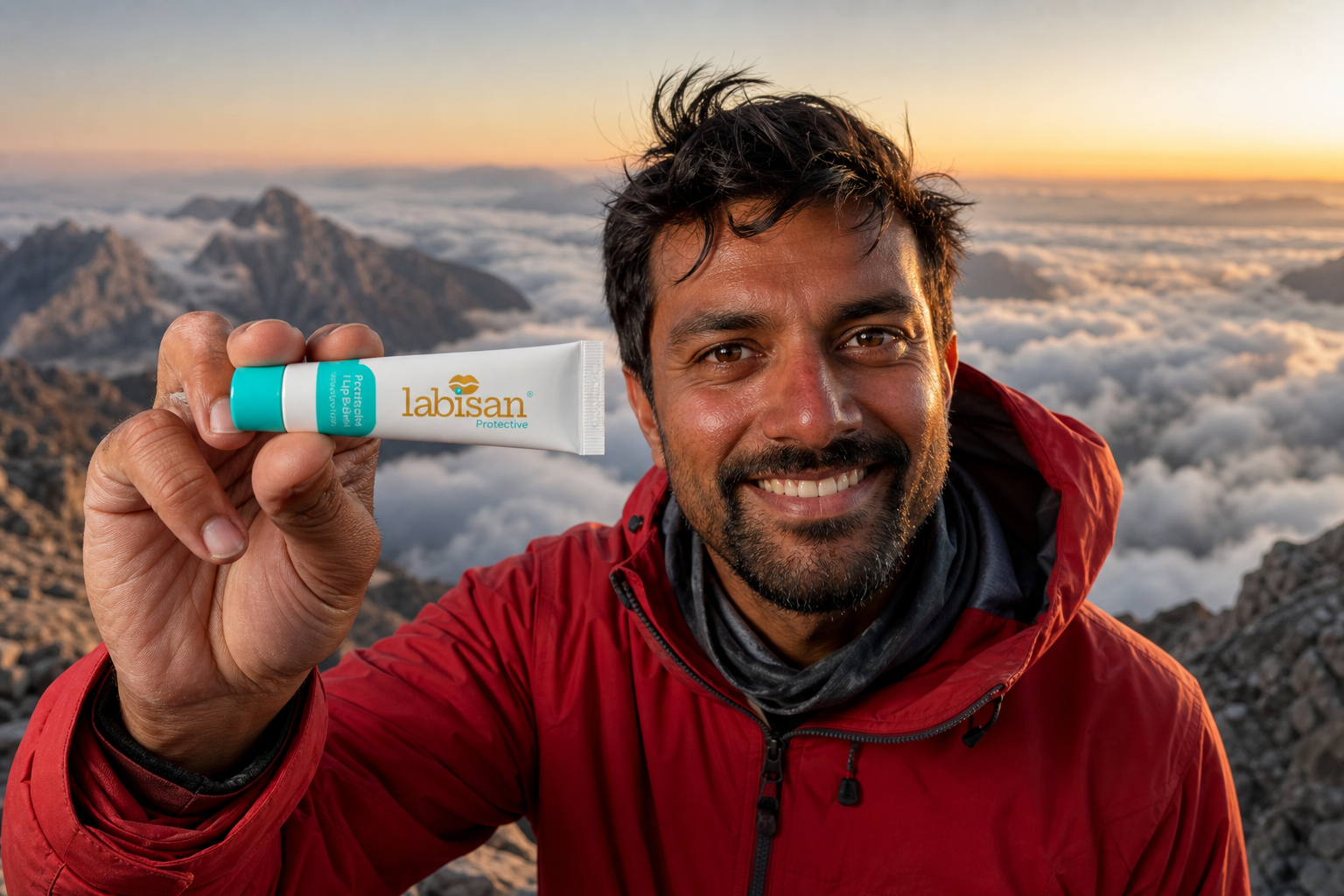 Hand holding Labisan Protective Lip Balm at an alpine summit, representing <a href=