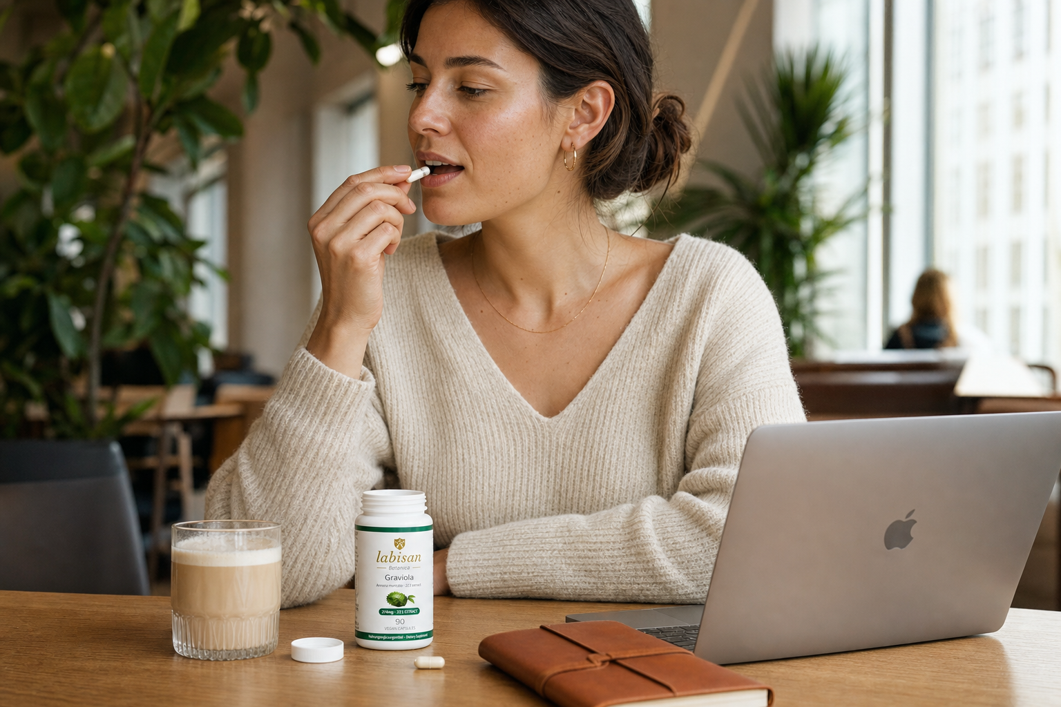 Coworking desk with Labisan graviola capsules, the daily oral dose of the lemon balm and graviola combination formula