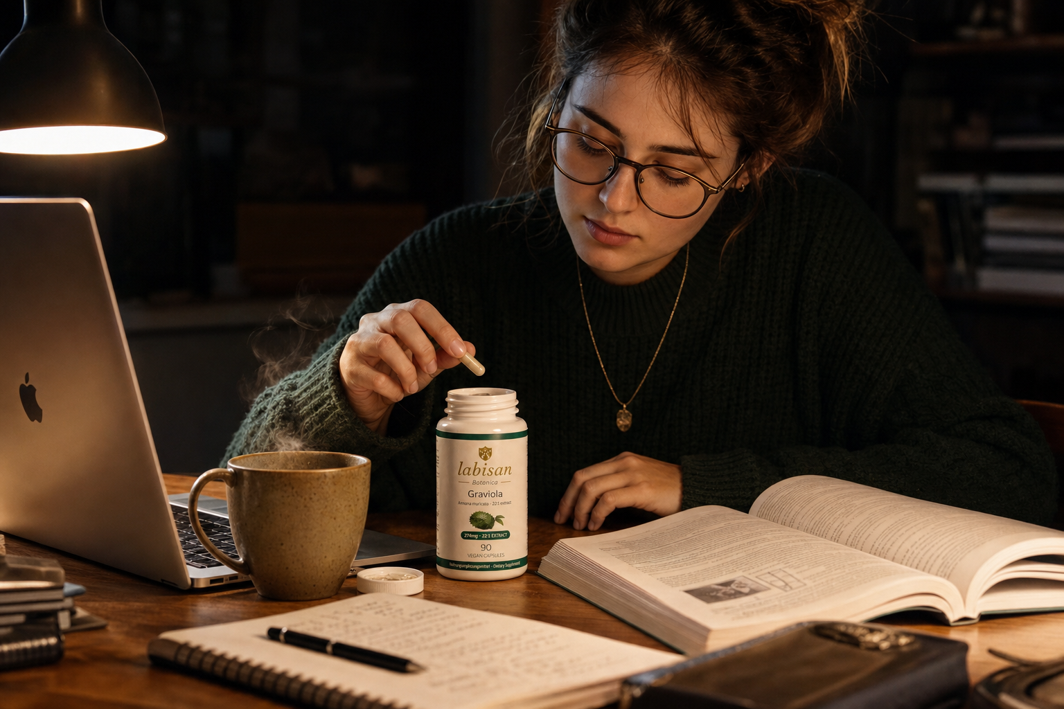 Sauna deck rest day with Labisan graviola capsules in foreground, the off-year of the one-year-on one-year-off cycling protocol