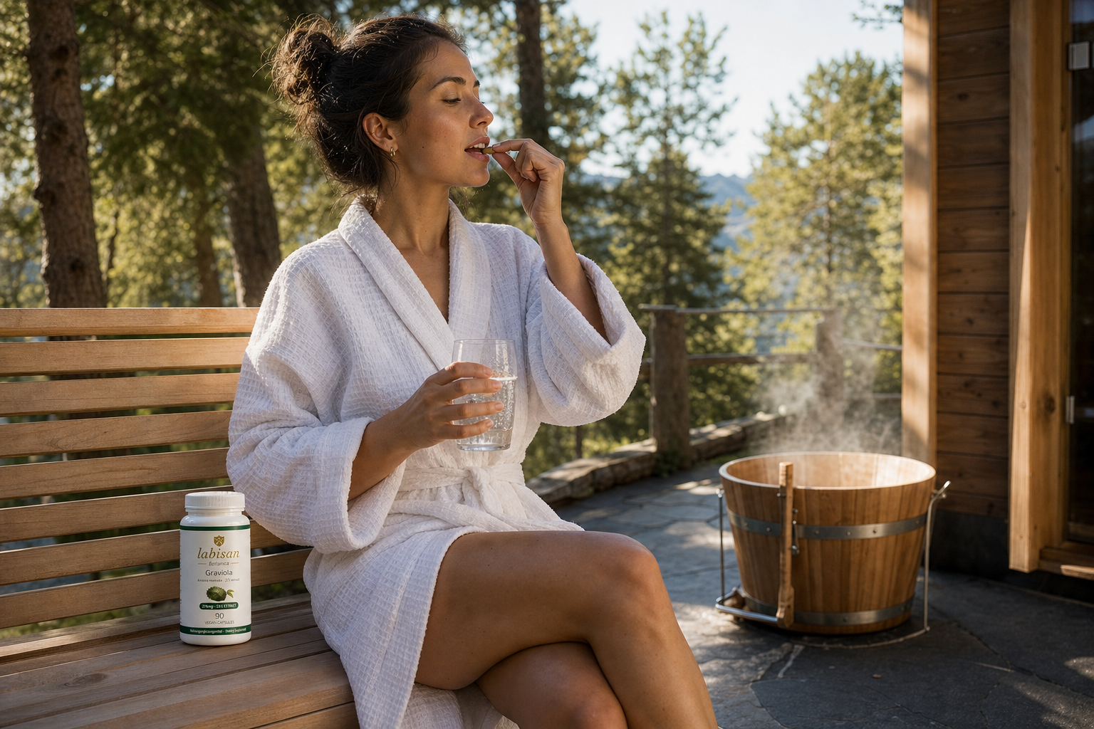 A 30 year old woman in a white waffle robe taking a Labisan Botanica Graviola capsule on an Austrian alpine sauna cool-down deck with pine woods behind