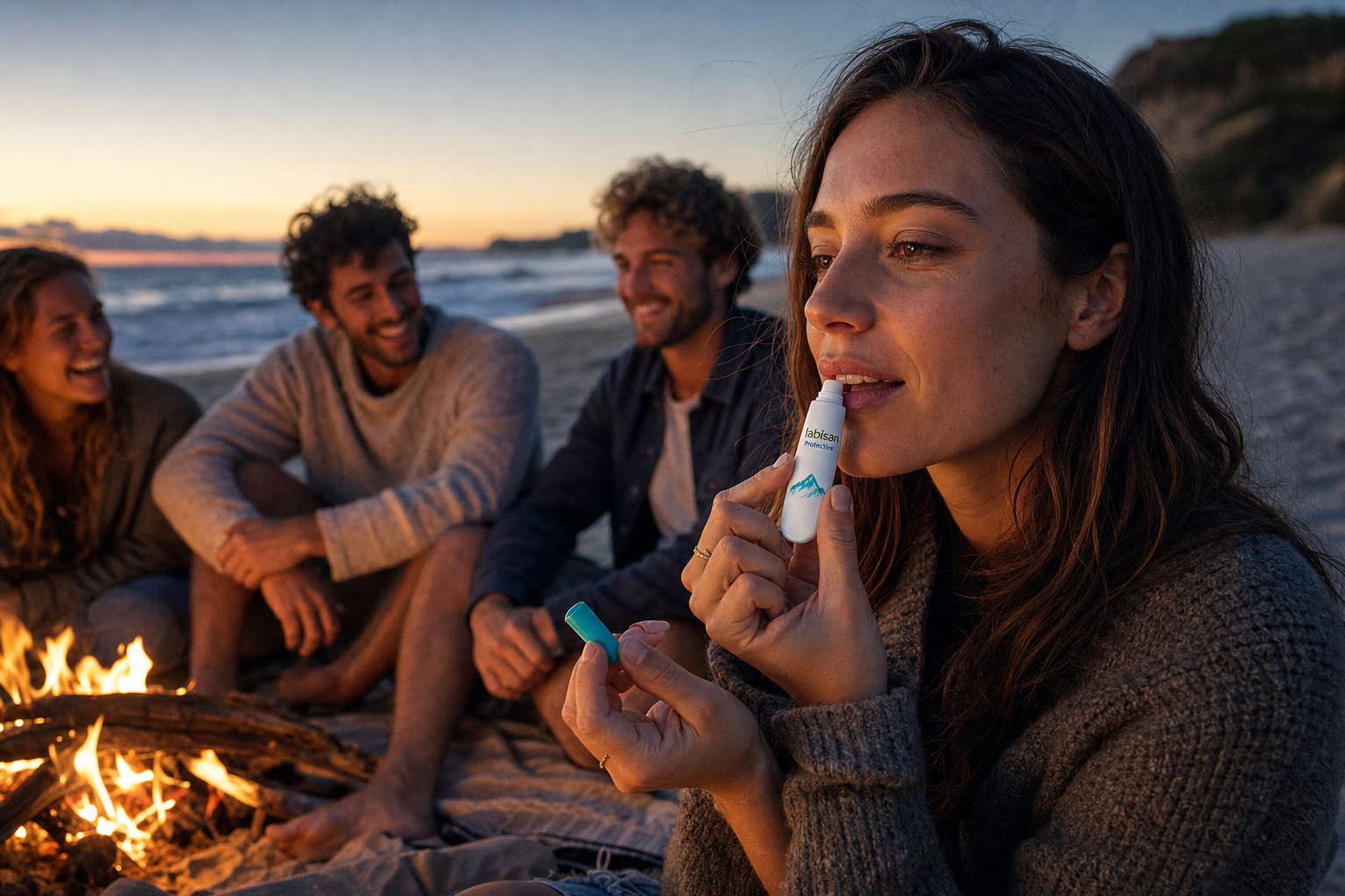 A close group of late twenties friends gathered around a small driftwood bonfire on a golden sand Atlantic beach at dusk, one applying Labisan Protective Lip Balm in the warm firelight