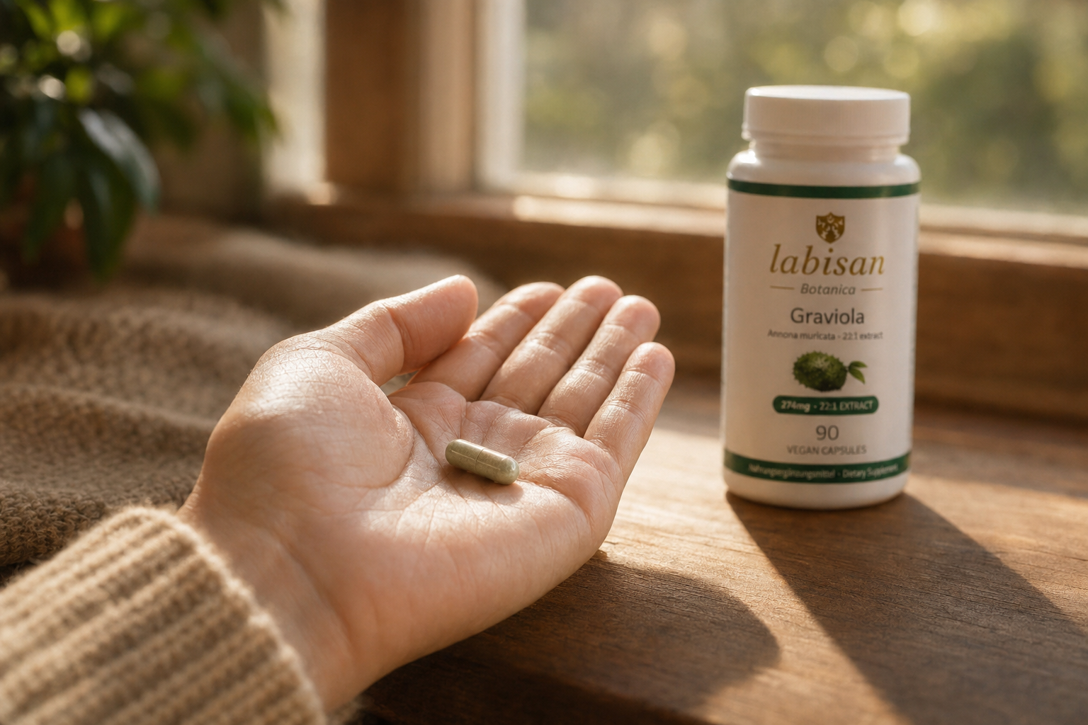 Close-up of a Labisan 22:1 graviola fruit water-extract capsule held in a hand, showing the pharmaceutical-grade HPMC shell