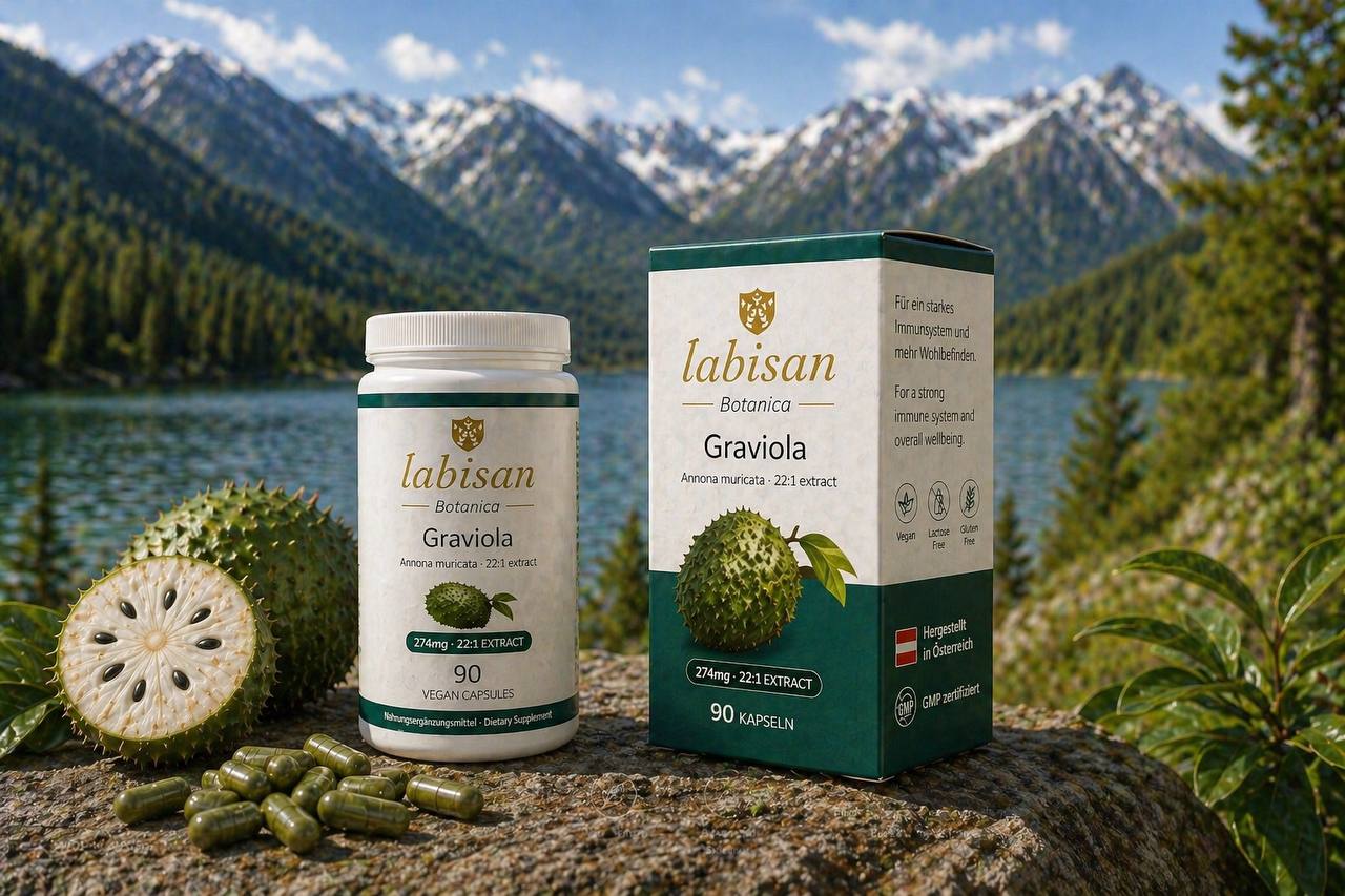 Bottle and box with fresh graviola fruit, Made in Austria, GMP certified