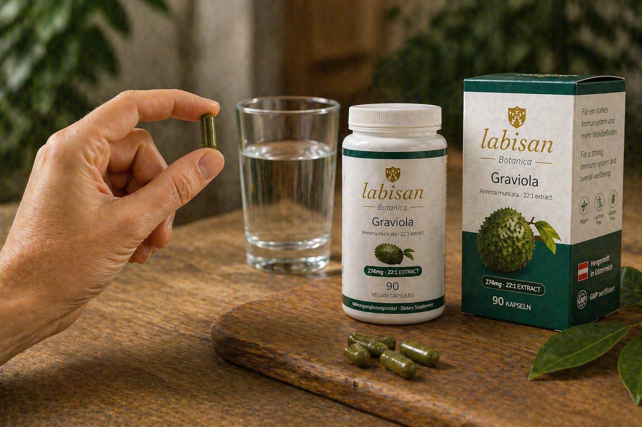 Hand holding a single Graviola capsule next to water glass with bottle and box